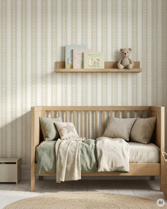 Tapeta WILLOW STRIPE na całej ścianie w jasnym pokoju