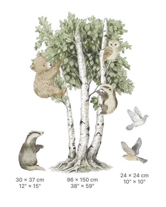 Wymiary naklejki WILLOW TREE z brzozami, leśnymi zwierzętami i ptakami