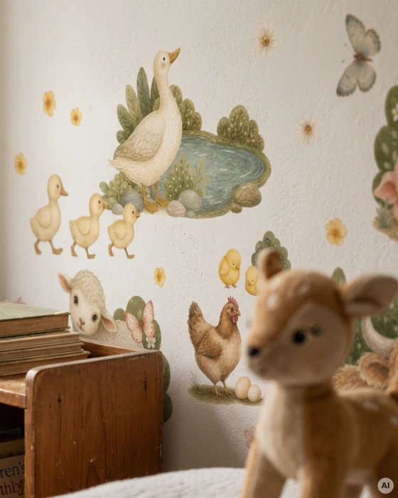 Naklejka ścienna z gęsią i kaczuszkami przy dziecięcym łóżku