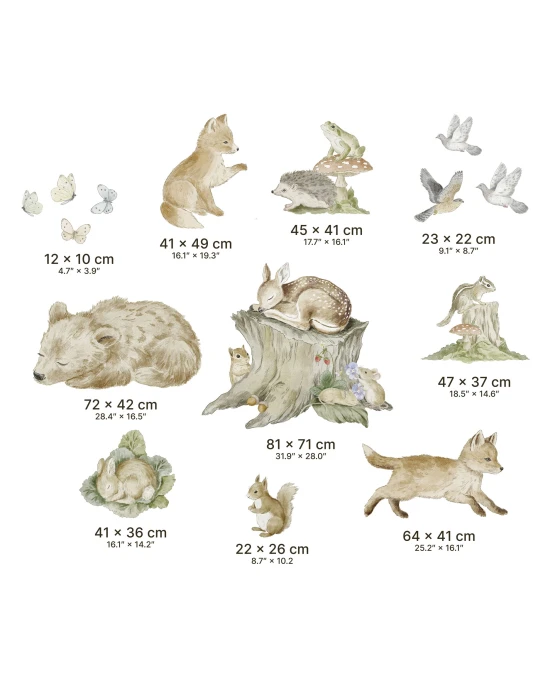 Wymiary naklejek z leśnymi zwierzętami WOODLAND STORY