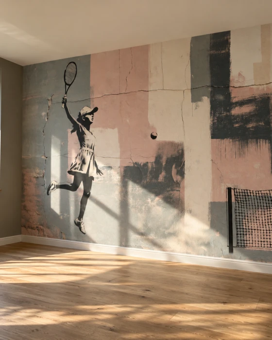 Fototapete mit Tennisspielerin, Ball und Tennisnetz