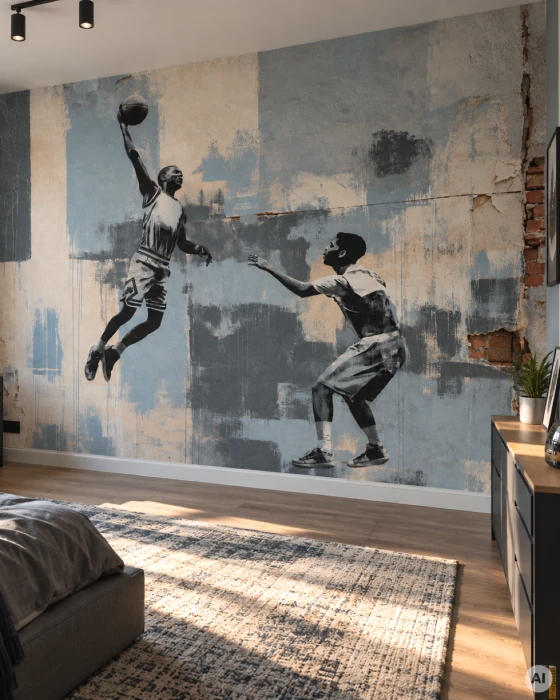 Sportliches Basketball-Wandbild mit rauer Maueroptik