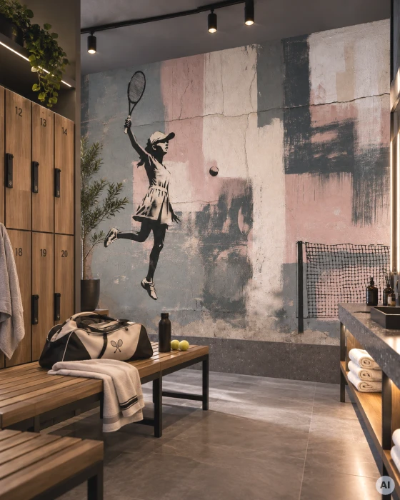 MATCH POINT Tapete mit Tennisspielerin im Street-Art-Stil