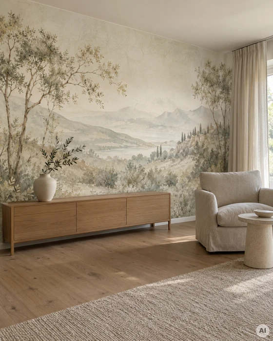 Nowoczesny salon z tapetą mglistych wzgórz