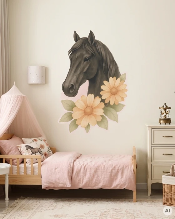 Naklejka z brązowym koniem i żółtymi kwiatami – rozmiary S 31 × 38 cm, L 47 × 57 cm i XL 97 × 117 cm