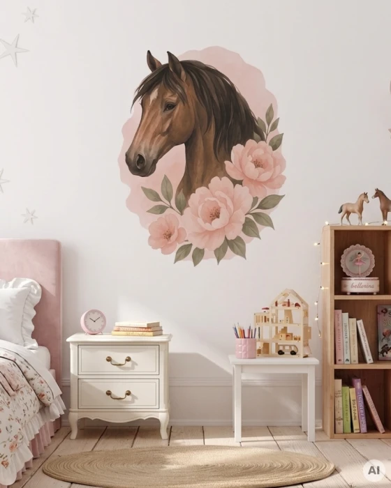 Naklejka z brązowym koniem i różowymi kwiatami – rozmiary S 31 × 38 cm, L 47 × 57 cm i XL 97 × 117 cm
