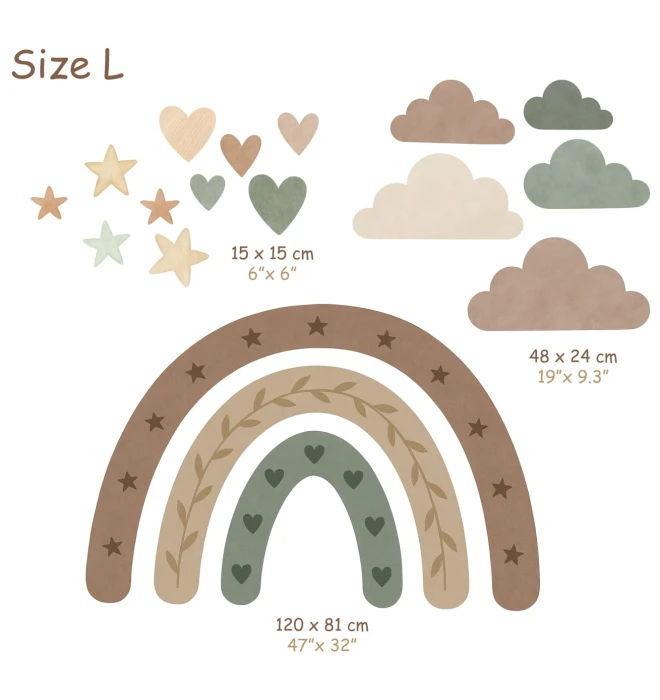 Tęcza boho w rozmiarze S – tęcza 95 × 63 cm z chmurkami, gwiazdkami i serduszkami