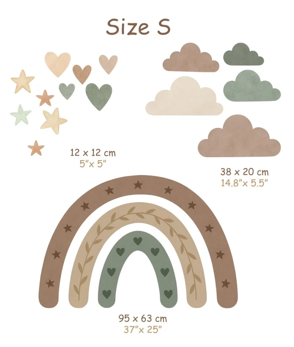 Tęcza boho w rozmiarze L – tęcza 120 × 81 cm oraz dodatkowe chmurki, gwiazdki i serca