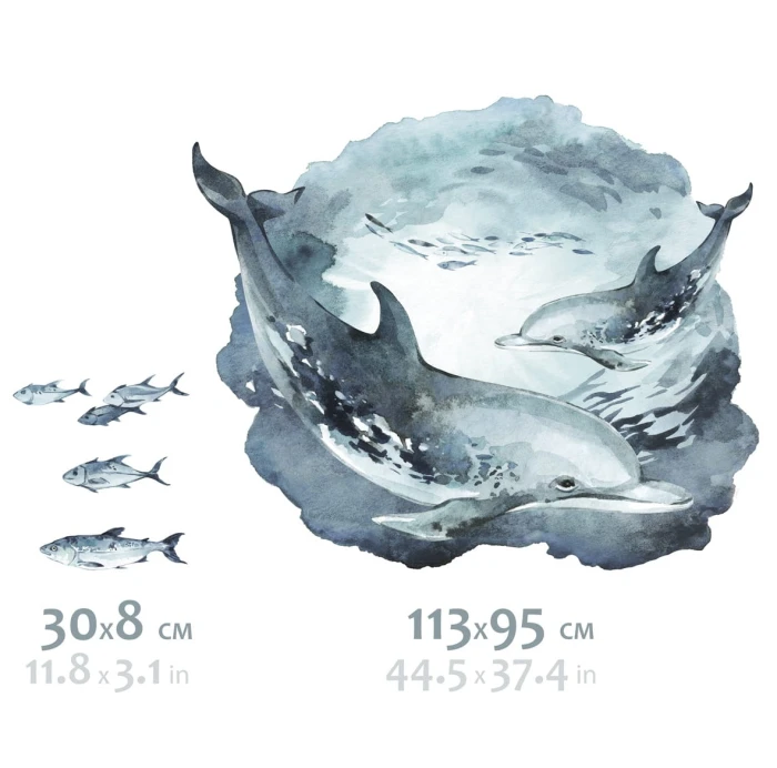 Delfin płynący wśród ławicy ryb – naklejka na ścianę