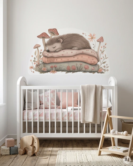 Naklejka NAPTIME ze śpiącym jeżykiem na poduszkach, wśród grzybów i kwiatów, na ścianie nad łóżkiem