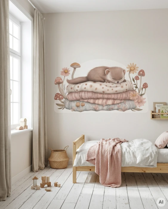 Naklejka ścienna NAPTIME ze śpiącą łasicą na poduszkach, w otoczeniu kwiatów i grzybków