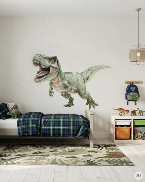 Zbliżenie naklejki T-Rex z otwartą paszczą, widocznymi zębami i zieloną łuskowatą skórą