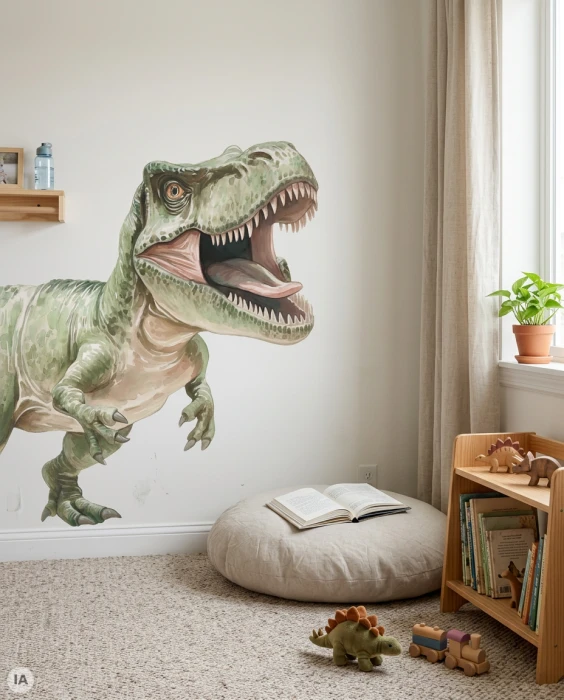 Naklejka ścienna T-Rex z zielonym tyranozaurem o otwartej paszczy, wymiary 160 × 110 cm