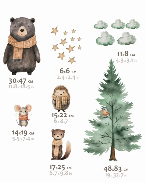 Naklejki MOUNTOWN z misiem 30 × 47 cm, drzewem 48 × 83 cm i pozostałymi elementami z wymiarami