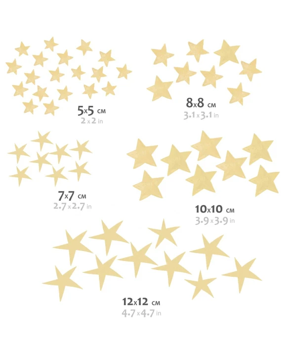 Plansza z wymiarami złotych gwiazdek NITEWISH: 5 × 5, 7 × 7, 8 × 8, 10 × 10 i 12 × 12 cm