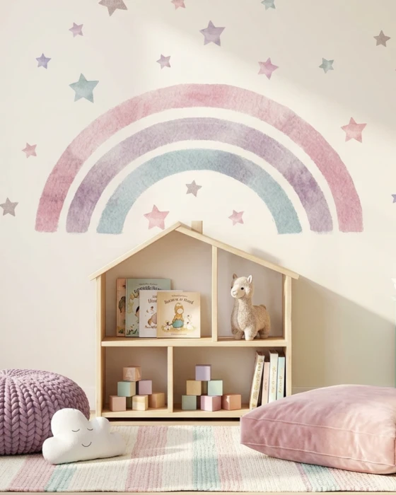 Zestaw naklejek MAGICORN z pastelową tęczą i gwiazdkami o dwóch wielkościach na białym tle