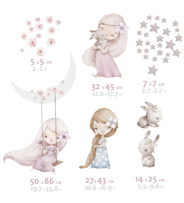 Naklejki MAGICORN z dziewczynką na huśtawce 50 × 86 cm, pozostałymi postaciami, króliczkami i wymiarami dodatków