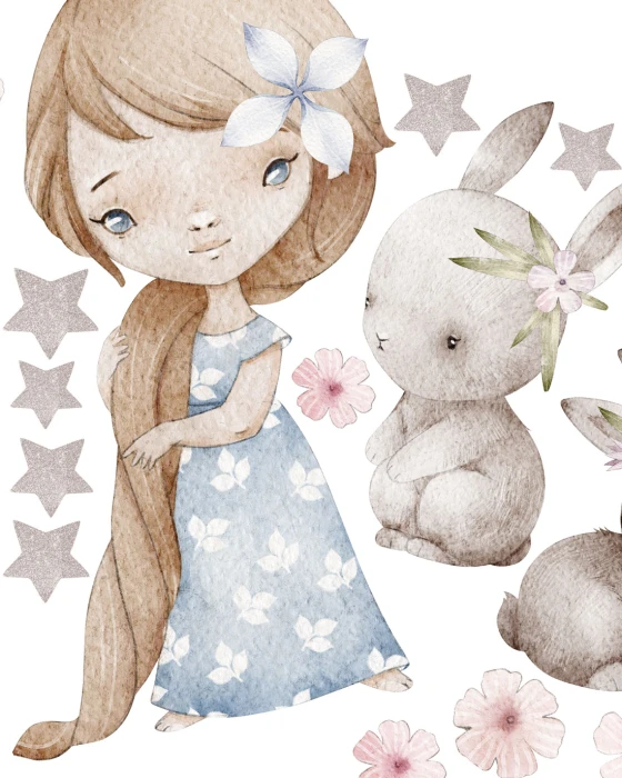 Pastelowa ilustracja dziewczynki w różowej sukience na huśtawce pod półksiężycem, otoczonej kwiatami
