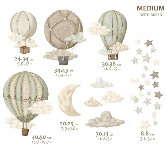 Naklejki STARDUST z balonami i chmurkami medium zielony