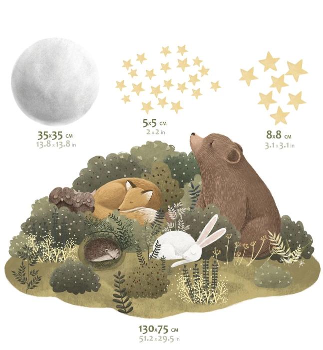 Naklejki NITEWISH z leśną kompozycją 130 × 75 cm, księżycem 35 × 35 cm i gwiazdkami 5 oraz 8 cm
