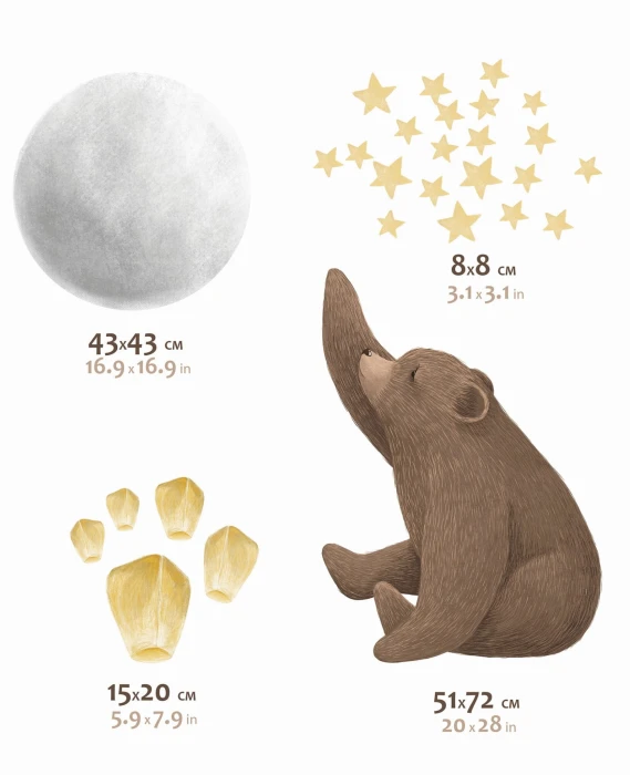 Naklejki NITEWISH z misiem 51 × 72 cm, księżycem 43 × 43 cm, gwiazdkami i lampionami