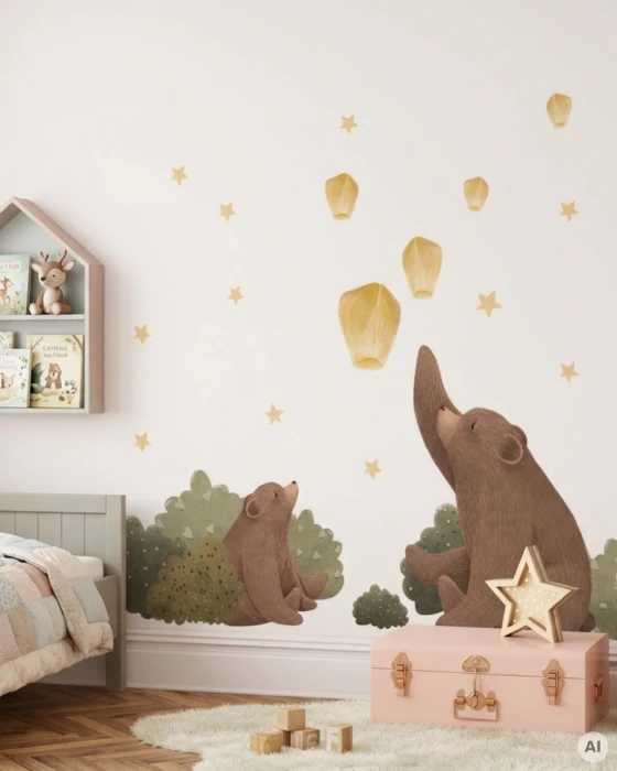 Akwarelowe naklejki NITEWISH z zielonymi krzewami, żółtymi gwiazdkami i papierowymi lampionami