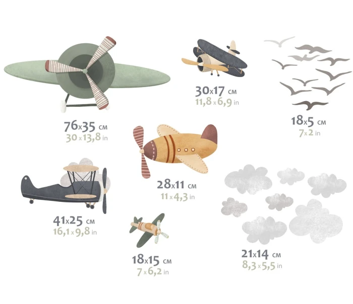 Naklejki ścienne SKYWARDS I z pięcioma samolotami śmigłowymi, chmurkami i lecącymi ptakami