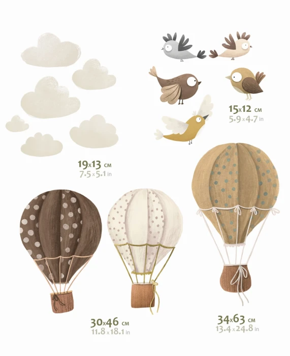 Naklejki BALLOO BALLOO II z brązowymi i beżowymi balonami, chmurkami i ptakami w naturalnych kolorach