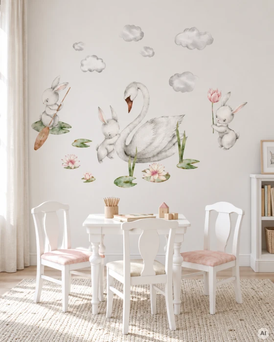 Zestaw naklejek ŁABĘDZIE z łabędziem 46 × 51 cm, króliczkami, chmurkami i kwiatami z podanymi wymiarami