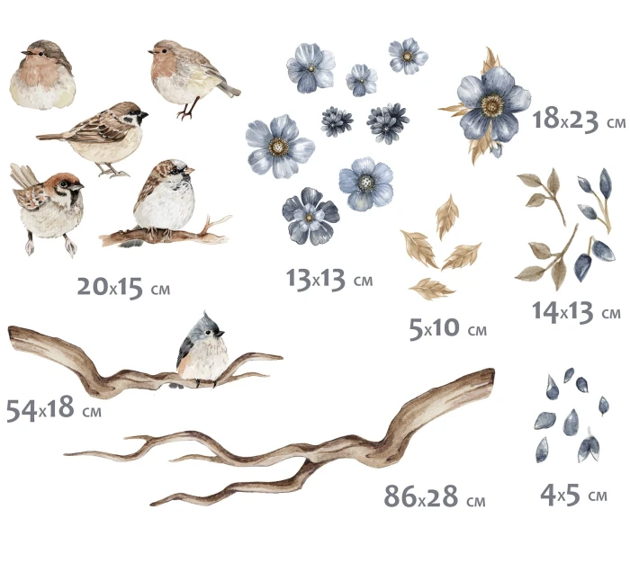 Plansza wymiarowa naklejek SONGBIRDS z gałęziami 86 × 28 cm i 54 × 18 cm, ptakami oraz kwiatami