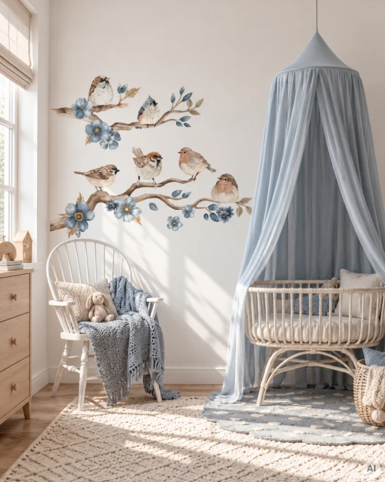 Naklejki ścienne ptaki i niebieskie kwiaty SONGBIRDS