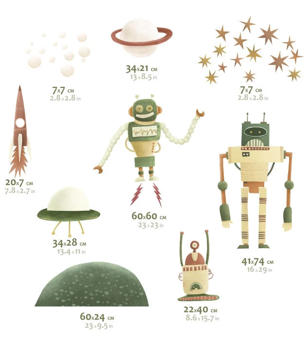 Zestaw naklejek ROBOTY z trzema robotami o wymiarach 60 × 60 cm, 41 × 74 cm i 22 × 40 cm