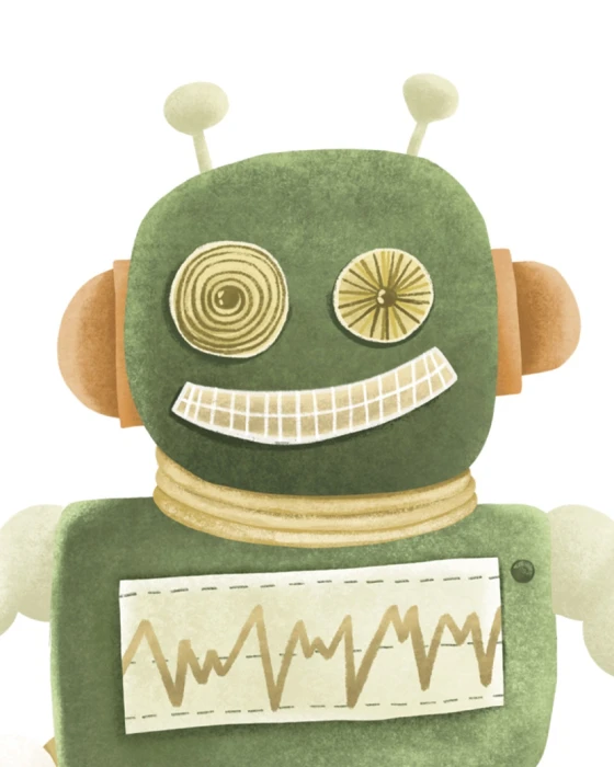Trzy akwarelowe roboty w odcieniach zieleni, beżu i brązu, z antenami, ruchomymi ramionami i gąsienicami