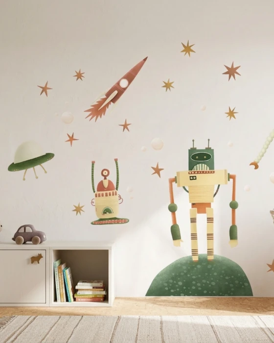 Naklejki z planetą z pierścieniem, latającym spodkiem, rakietą i gwiazdami w stylu retro