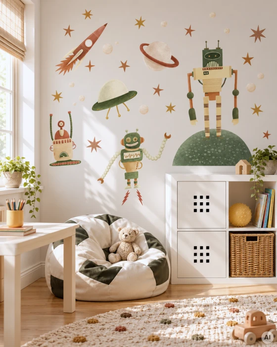 Naklejki ścienne ROBOTY z trzema robotami retro, rakietą, planetą, latającym spodkiem i gwiazdami