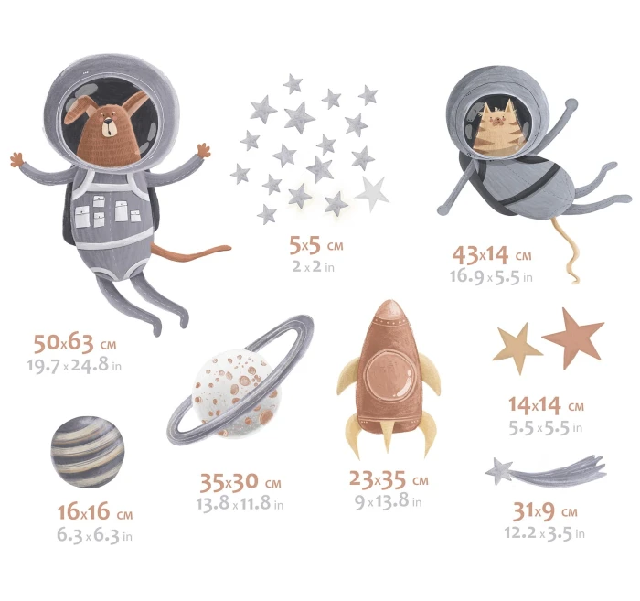 Pies i kot w szarych skafandrach astronautów unoszący się w kosmosie, ilustracje akwarelowe