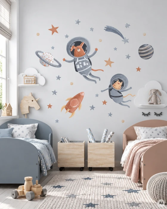 Naklejki ścienne ASTRO z psem i kotem astronautami, rakietą, planetami, gwiazdami i UFO