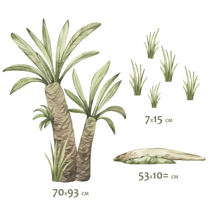 Zestaw naklejek PREHISTORIA z dwiema palmami 70 × 93 cm, kępkami trawy i fragmentem podłoża