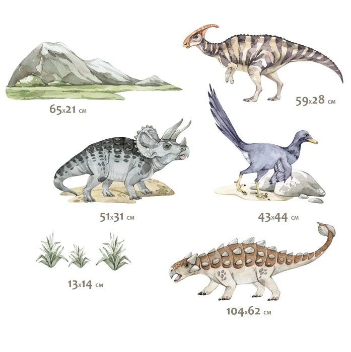 Zestaw naklejek PREHISTORIA z dinozaurami o wymiarach 104 × 62, 59 × 28, 51 × 31 i 43 × 44 cm