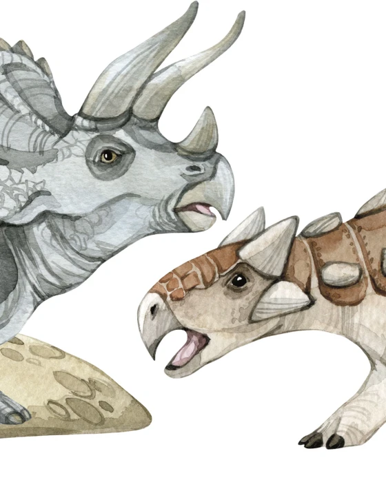 Akwarelowe dinozaury PREHISTORIA – triceratops, opierzony dinozaur i dwa pozostałe prehistoryczne zwierzęta