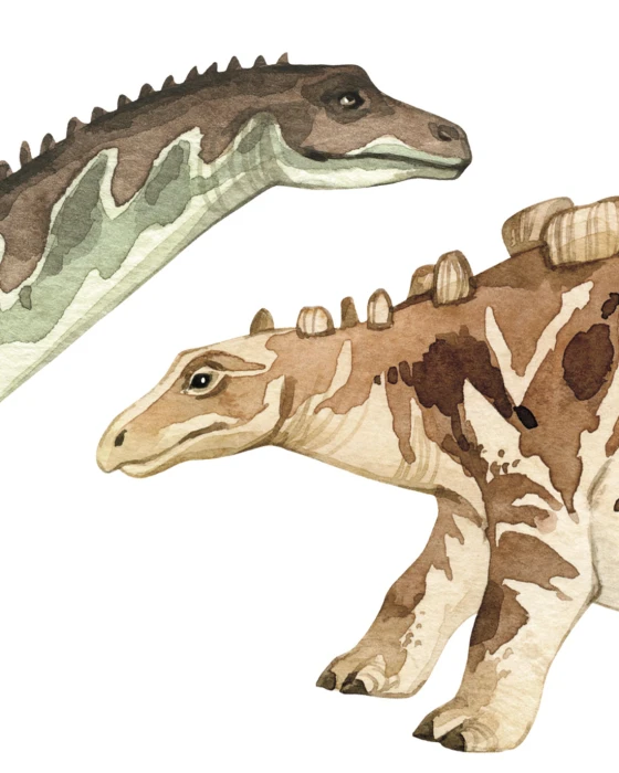 Akwarelowe naklejki dinozaury Jobaria w odcieniach oliwkowej zieleni, beżu i brązu