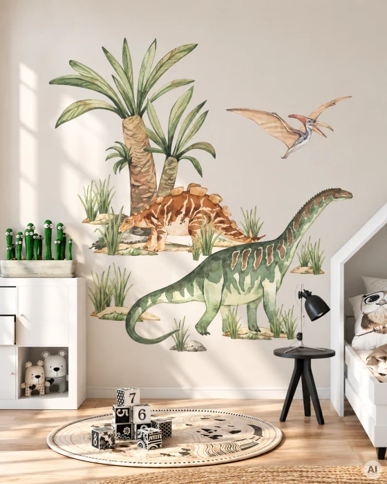 Naklejki ścienne PREHISTORIA Jobaria z długoszyim dinozaurem, stegozaurem, pterozaurem i trawami
