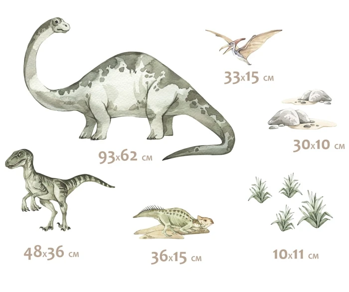Duży zielonoszary brontozaur z długą szyją oraz mniejsze dinozaury w akwarelowym stylu