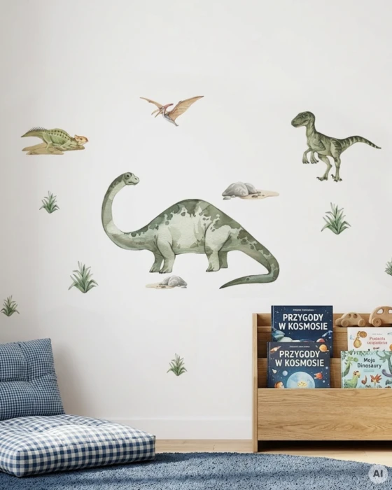 Naklejki PREHISTORIA Brontozaur 93 × 62 cm, mniejsze dinozaury 48 × 36 i 36 × 15 cm oraz pterozaur