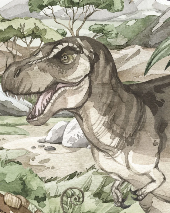 Okrągła naklejka ścienna z dinozaurami, palmami i prehistorycznym krajobrazem w akwarelowym stylu
