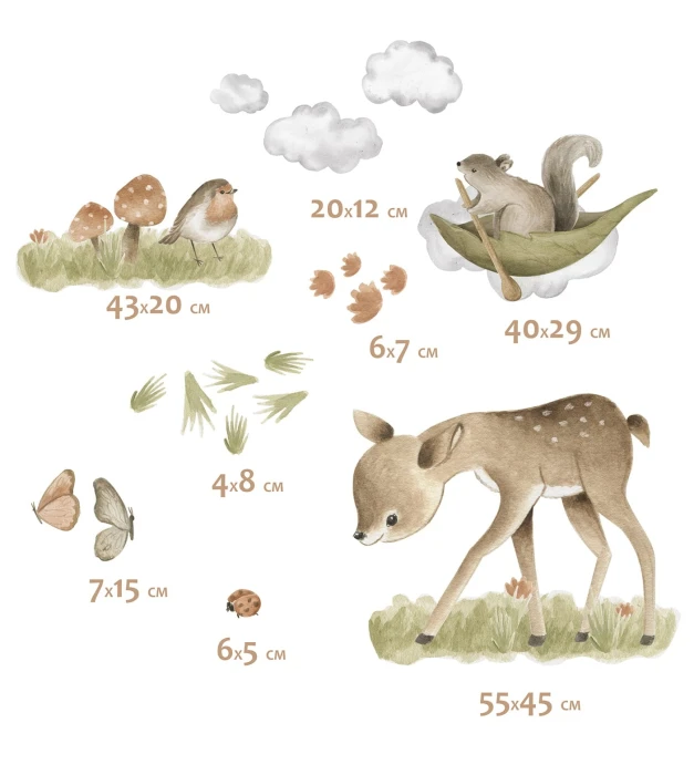 Naklejki LITTLE ONE – sarenka 55 × 45 cm, wiewiórka 40 × 29 cm i ptaszek przy grzybkach 43 × 20 cm