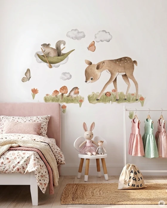 Naklejki ścienne LITTLE ONE z sarenką, wiewiórką w łódeczce, ptaszkiem, motylami i leśnymi dodatkami