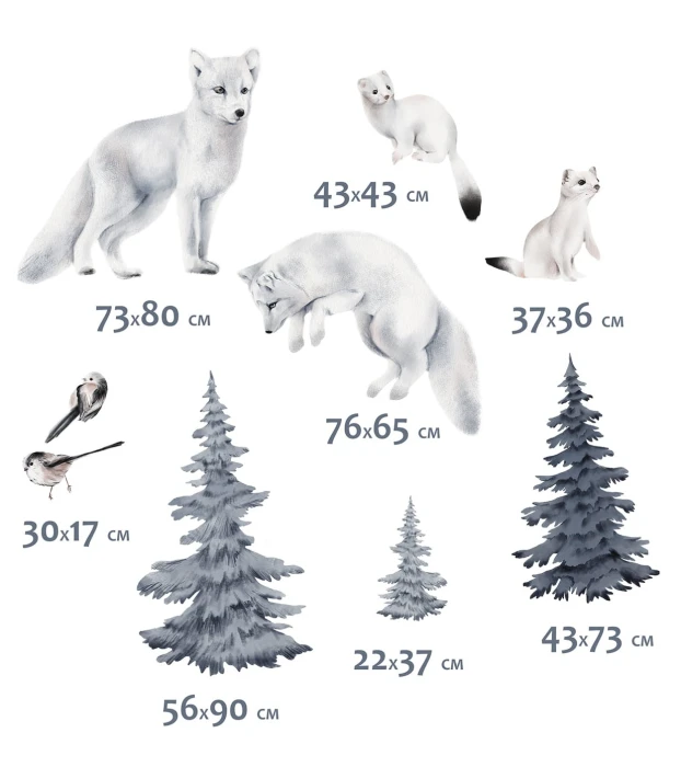 Naklejki KRASOVY – lisy polarne 73 × 80 i 76 × 65 cm, gronostaje, ptaki oraz trzy drzewa iglaste