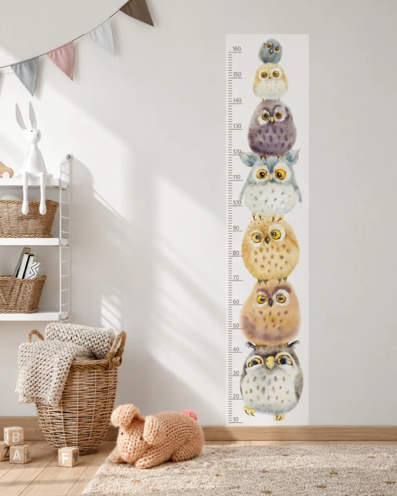 Miarka wzrostu SÓWKULKI z ilustracjami sówek na arkuszu 32 × 150 cm
