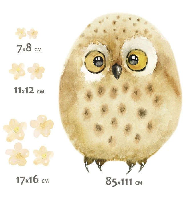 Naklejki SÓWKULKA – żółta sowa 85 × 111 cm oraz kwiatki w trzech grupach wymiarowych